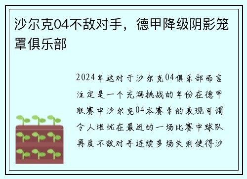 沙尔克04不敌对手，德甲降级阴影笼罩俱乐部