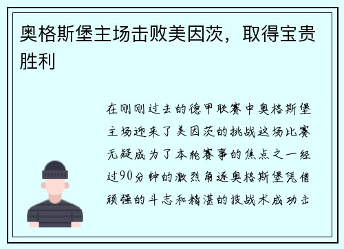 奥格斯堡主场击败美因茨，取得宝贵胜利