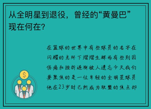 从全明星到退役，曾经的“黄曼巴”现在何在？