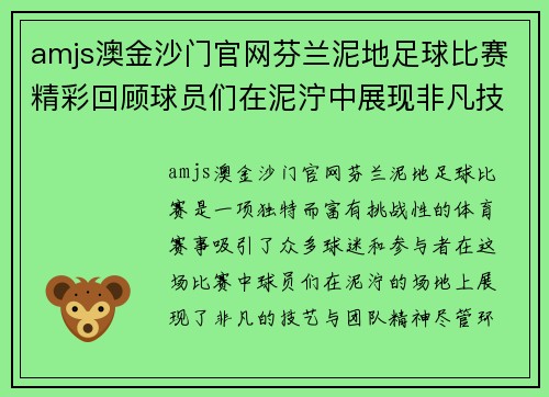 amjs澳金沙门官网芬兰泥地足球比赛精彩回顾球员们在泥泞中展现非凡技艺与团队精神