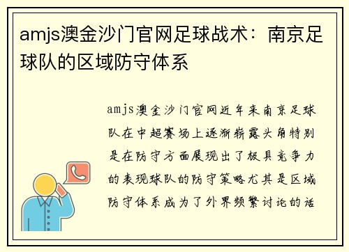 amjs澳金沙门官网足球战术：南京足球队的区域防守体系