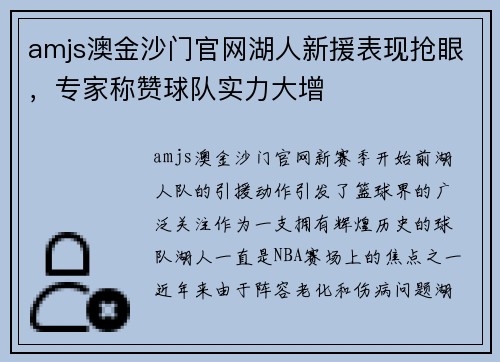 amjs澳金沙门官网湖人新援表现抢眼，专家称赞球队实力大增